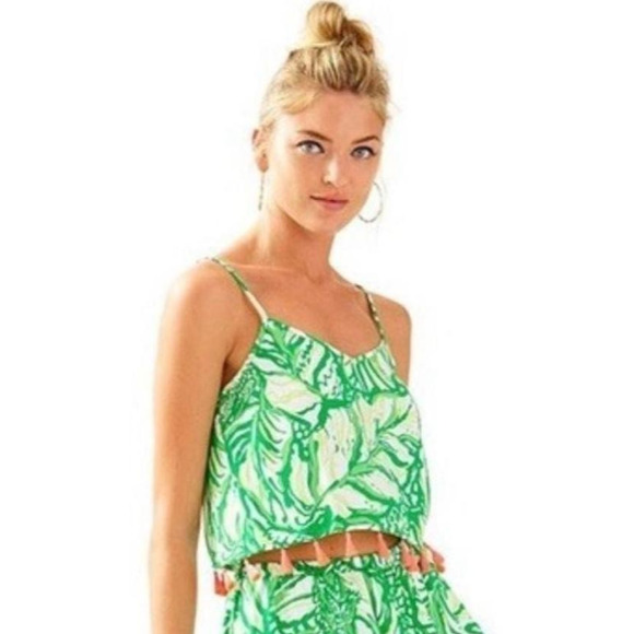 Lily Pulitzer Green Tropical Coastal Boho Leaf Print Tassel Ramona Crop Top 00 - Picture 4 of 11